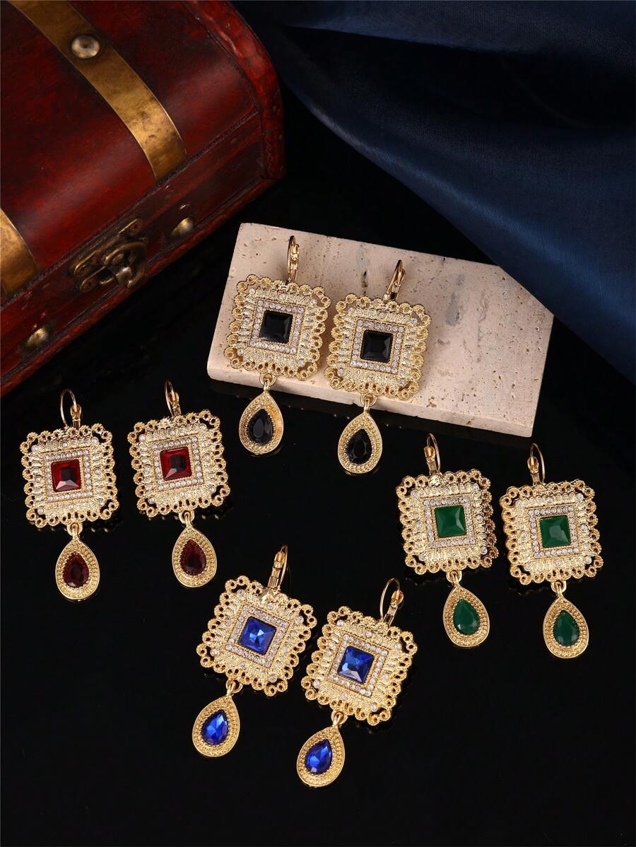 1 Pair Morocco Square Carved Dangle Earrings With Water Drop Pendant, Handmade French Hook Design, Women's Birthday Party Jewelry Gift