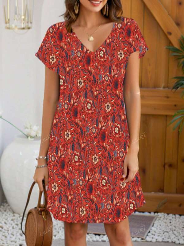 Vestido largo de manga corta y escote en V, nuevo para el verano de 2025, vestido con estampado bohemio para mujeres