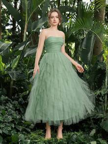 Faeriesty 舞会礼服优雅露肩薄纱连衣裙：褶皱前襟和层叠荷叶边，适合返校节、舞会等场合 - 百搭款式，适合青少年和年轻女性