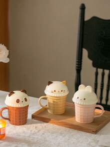 1 件可爱动物陶瓷盖杯，熊猫/猫主题咖啡杯、马克杯、茶杯、居家/办公室女士保温水杯，创意冰淇淋设计，独特设计，有趣的生日/节日礼物，盒装