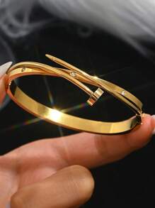 1 Stück/2 Stück Set mit goldenem Armband, mit einem modischen und luxuriösen diamantbesetzten Armband und einem stilsicheren und eleganten Nagelarmreifen aus Titanstahl, spiegelpoliert, vakuumbeschichtet, nicht leicht verblassend, modischer Klassiker-Stil, geeignet für den täglichen Gebrauch