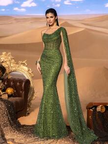 Faeriesty Haute Glamour 奢华亮片单肩披肩晚礼服 - 戏剧性的不对称，透明的覆盖层和美人鱼轮廓，高开衩和合身腰部，适合豪华宴会和迷人活动