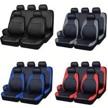 5-Seat Universal 4-Season Leather Car Seat Covers, Black & Red Rhombus Plaid Style, Seat Protection Decoration Set (5-Seat Fit/4-Season Applicable/Leather Material/Fashionable Design/Complete Protection)