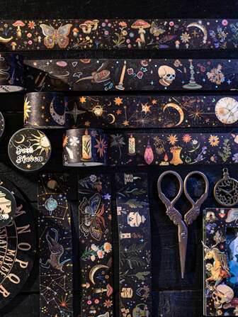 1 Rollo de cinta decorativa de lámina de plata con temática mágica para scrapbooking, fundas de teléfono, diarios, marcos de fotos, sobres, manualidades DIY - Material personalizado de collage con ilustraciones oscuras, vuelta al colegio