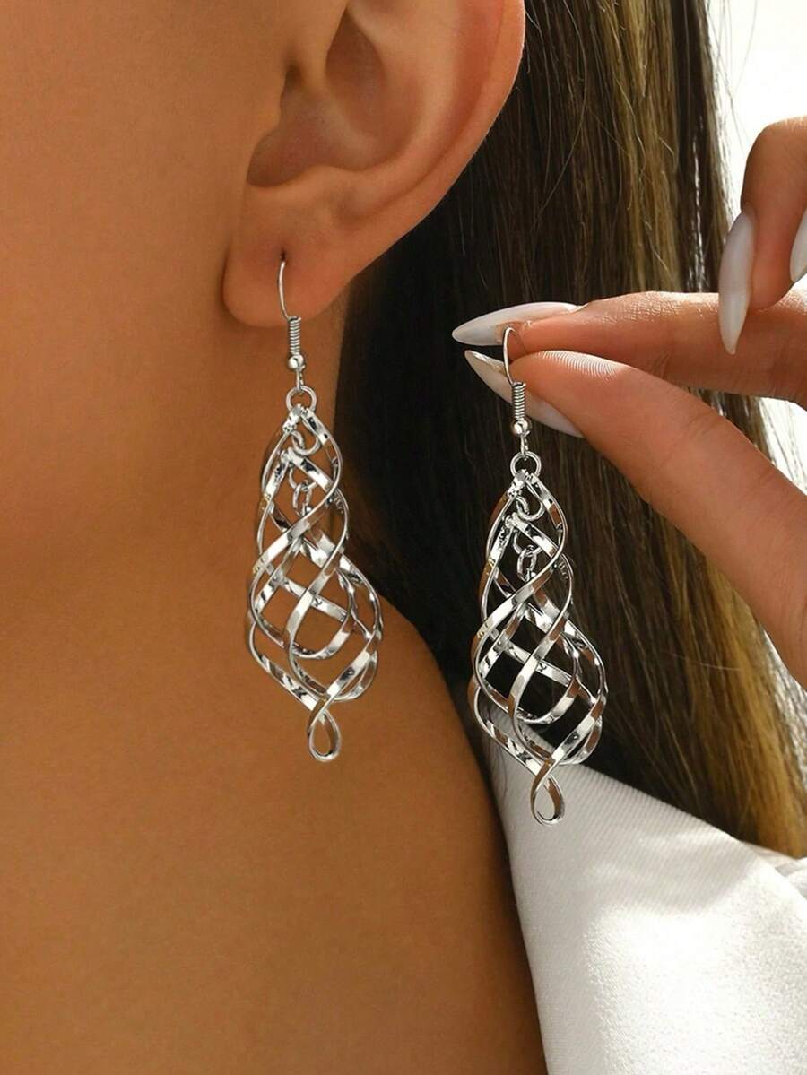 1 Pasang Anting-Anting Desain Unik Garis Gelombang Melengkung Spiral Geometris Perak Estetik Minimalis Modis, Cocok untuk Pemakaian Sehari-hari & Acara Khusus Wanita - Perak - View 1