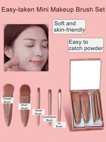 5er-Set tragbare Makeup Pinsel mit Spiegel, Makeup Pinsel Set in Verpackung, multifunktionaler Puder Pinsel, Rouge Pinsel mit Spiegelbox, Mini multifunktionaler Puder Pinsel, Foundation Pinsel, Lidschatten Pinsel, Blending Pinsel für Schönheitstools (unterschiedliche Chargen haben leichte Farbvariationen)