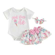 Half Way To One Newborn Baby Girls Birthday Outfits Letter Print Romper Bodysuit Top + Strawberry/Ice Cream/Orange/Watermelon Print Shorts + Bow Headband 3Pcs Clothes Set - 白色 - 查看 1
