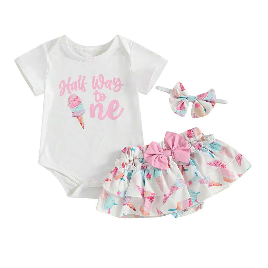 Half Way To One Newborn Baby Girls Birthday Outfits Letter Print Romper Bodysuit Top + Strawberry/Ice Cream/Orange/Watermelon Print Shorts + Bow Headband 3Pcs Clothes Set - 白色 - 查看 1
