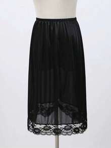 及膝吊带裙 真丝蕾丝边，防走光内衬 中长款打底吊带裙 - 黑色 - 查看 2