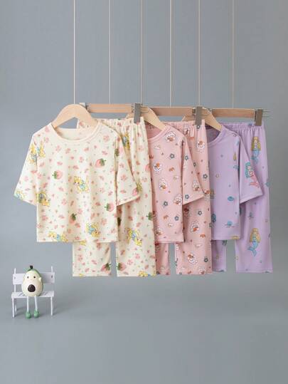6 Stück/Set mädchenpyjama-Set mit leichtem cartoon-Muster, kurzarm, beinhaltet hemd und 3/4 hose, frühling/sommer