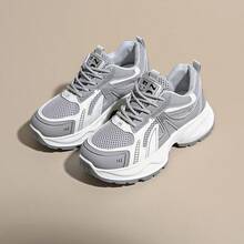 Platform Sneakers For Women Comfortable & Lightweight, Breathable Mesh Material, Anti-Slip, Casual Running Shoes, Fashionable Inspo, Spring & Autumn - Grey - View 2