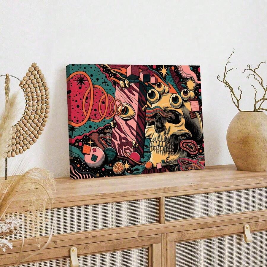 1 pieza Póster de lienzo con ilustración de arte de calavera de dibujos animados con ojos sin marco - Arte moderno retro mural, muy adecuado para decoración de dormitorio, oficina, sala de estar, hogar y dormitorio