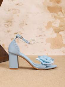 Sandalias de tacón alto con estilo francés para mujer con tacón de 2,95 pulgadas de grosor, tacones altos de moda versátiles con punta cuadrada, decoración de lazo, punta redonda, color azul para vestido, hebilla con detalles de perlas, cómodos zapatos de tacón sin cordones, adecuados para tallas de la 35 a la 44 de la UE. Elegante y cómodo para uso diario y ocasiones especiales.