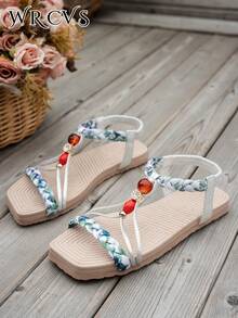 WRCVS Silberne und goldene flache Sommer Sandalen für Frauen, gewebte Lässig-Pantoletten, rutschfeste Strandschuhe, zufälliges Blumen-Muster Boho-Stil Peep-Zehen Studentinnen-Sandalen