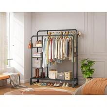 Clothes RailDouble Rail Clothes Rack With 4 Storage Shees Heavy Duty Metal Clothing Rail Ports To 80kg Multifunctional Clothes Storage For Bedroom Office Shop Black . - Black - View 3