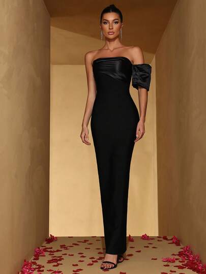 FEELAIR New Arrival Women's Black Long Bandage Dress, Sexy Strapless Patchwork Asymmetrical Neck Sleeve Design, Bodycon Backless Bandage Formal Gown Dress For Party, Wedding, Evening, For Wedding Guest