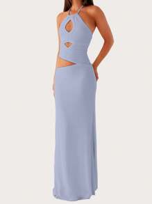 Women Long Dress, Sleeveless Halterneck Backless Hollowed Solid Slim Fit Cocktail Dress