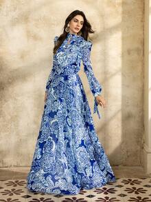 Faeriesty 印花优雅雪纺印花 A 字裙，搭配系带细节领和灯笼袖领带 | 适合休闲星期五或正式活动的夏季派对礼服 - 藍色 - 查看 8