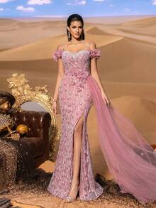 Faeriesty Haute Glamour Gorgeous Off-Shoulder Beaded Pearl Evening Gown With Side Draping & High Slit, Elegant Embellished Dress For Women | Gala, Wedding Guest, Red Carpet, Formal Party, Evening Soiree - 藕粉色 - 查看 6