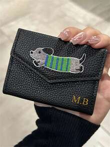 [Customized]Personalized Custom Letter Name Cartoon Dachshund Lychee Pattern Envelope Card Pack Faux Leather Card Storage Bag, Personalized Multi-Card Position, Ultra-Thin And Compact Women's Bag Card Holder - Multicolor - View 4