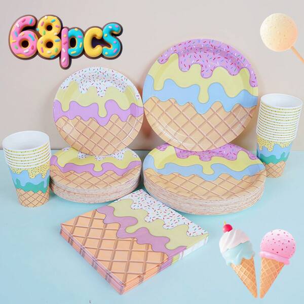 68/10pcs Ice Cream, 7-Inch, 9-Inch, Paper Cup, Tissue - Ice Cream Party Supplies, Ice Cream Printed Disposable Paper Plates, Suitable For Birthdays, Baby Parties, Lawn Weddings As Decorations, Donuts And Napkins Party Supplies