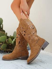 Damen Stiefel bis zur Wade mit Stickerei, neue kurze Stiefel für Frühling/Herbst, Stiefel mit Plateauabsatz im Vintage Stil, Cut Out Western Langstiefel, Sommerstrand