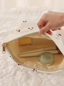1 pièce Sac de rangement à fermeture éclair en velours côtelé imprimé de cerises | Sac de maquillage et de toilette multifonction léger avec doublure - Organisateur cosmétique élégant pour les voyages, l'utilisation quotidienne et le rangement des articles de toilette (design à motif mignon et construction durable)