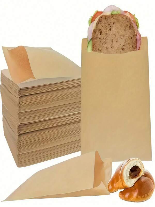 100pcs Thickened Paper Bags, Grease-Proof, Suitable For Snacks, Sandwiches, Hamburgers, Cookies, Pastries - Unbleached, No Closure, Easy-Grip Thin Film Grease-Proof, Suitable For Baking Cookies, Snacks, Sandwiches, Popcorn And Small Gifts, Food Storage Bags, Packaging Bags