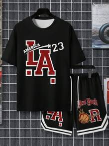 Conjunto de 2 piezas de camiseta de manga corta y pantalón corto con estampado minimalista para hombres