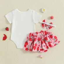 Half Way To One Newborn Baby Girls Birthday Outfits Letter Print Romper Bodysuit Top + Strawberry/Ice Cream/Orange/Watermelon Print Shorts + Bow Headband 3Pcs Clothes Set - 紅色 - 查看 6