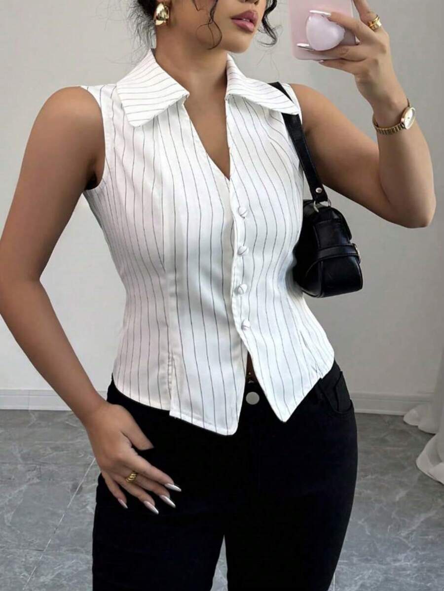 条纹印花前扣不对称下摆无袖上衣 - 白色 - 查看 1