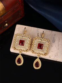 1 Pair Morocco Square Carved Dangle Earrings With Water Drop Pendant, Handmade French Hook Design, Women's Birthday Party Jewelry Gift