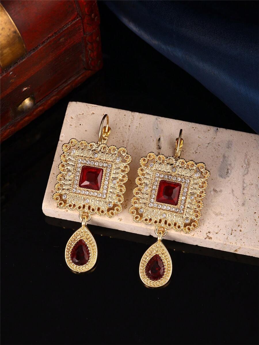1 par de pendientes colgantes cuadrados tallados de estilo marroquí con colgante en forma de gota de agua, diseño de gancho francés hecho a mano, regalo de joyería para el cumpleaños de mujeres - Multicolor - Ver 1