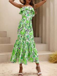 Vestido de mujer sin tirantes con espalda descubierta y estampado de hojas y plantas, estilo bohemio, elegante, con dobladillo fruncido y volantes. - Verde - Ver 3