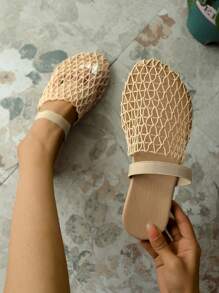 Damen Flache Sandalen mit Hohlmuster, 2025 neue Sommer Mesh Strandurlaub Schwarz Aprikose rutschfest Große Größen Slip-On Pantoffeln, modisch elegant, glamourös, Musik Festival Punk Wild Sexy Schuhe