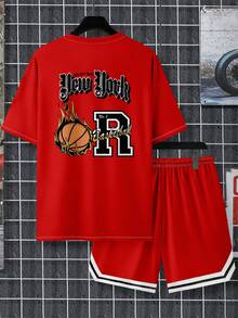 2pcs Men's Simple Print Short Sleeve T-Shirt And Shorts Set - Red - View 3