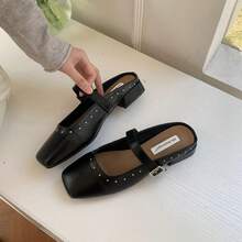 French Square Toe Slip-On Mules - Black - View 5