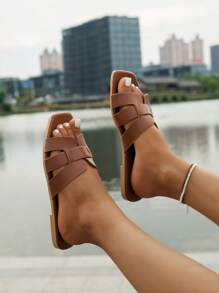 Ladies Fashion Cross Strap Solid Color Soft Leather Summer New Sandals Texture Simple Wind Slip Silent Slippers Comfortable Beach Travel Seaside Joker Female Sandals. (Size 35-43).