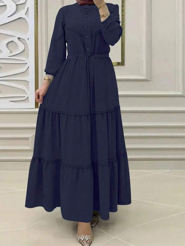 Women Arab Style Solid Color Long Sleeve Button Half Placket Dress