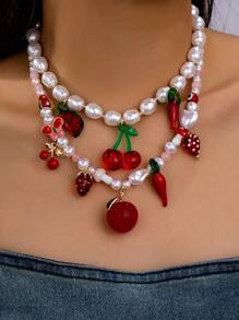 1pc Summer Cherry Charm Necklace, Boho Faux Pearl Beaded Necklace With Chili, Watermelon, Strawberry Charms, Handmade Jewelry For Women (Color And Shape May Vary)