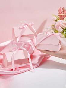 10 Sets- Wedding Favor Boxes DIY Set,Pink Kraft Boxes With Pearl Handles,Ribbons,Stickers,Birthday,Party Favors,Boutique,Wedding And Anniversary Gift Boxes For ,Babyshower Party Decorations,