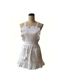 1 Stück Maid reiner weißer Volant Doppeltasche Schürze, Familien Prinzessin Schürze, Maid Mode Schürze, perfekt für Familien Mode Kochen, Hausreinigung, Küche, Bad, Haushaltsbedarf, Schürzen, Grillen, Barbecue, Kochen