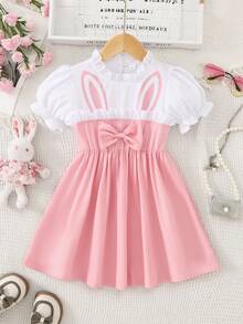 女童夏季连衣裙，兔耳印花 - 泡泡袖蝴蝶结连衣裙，轻便休闲，适合幼儿（2-3岁，4-5岁，6-7岁） - 粉色 - 查看 2