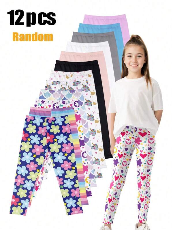 Set aleatorio de 6/8/12 piezas de pantalones de cintura alta para niñas, súper suaves y súper elásticos, para primavera y verano, con combinación de estampados y colores lisos, mallas y pantalones de yoga