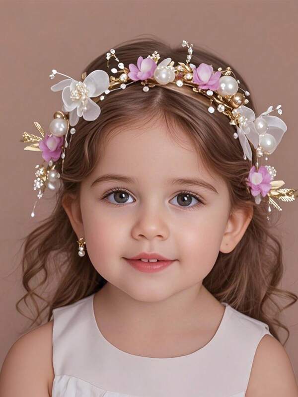 1 Peça Tiara de Dama de Honra, Coroa de Flores de Estilo Princesa Coreana Mori, Adequada para Casamento, Festa, Decoração de Cabelo para Cerimônia Formal, Grinalda de Flores com Headband, Pérolas Falsas, Tiara de Casamento Europeia Doce para Crianças, para o Natal