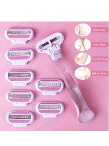 1 个手柄 + 8 个刀片套装女士比基尼手动脱毛工具 3 层不锈钢剃须刀片可更换刀片 - 彩色 - 查看 2