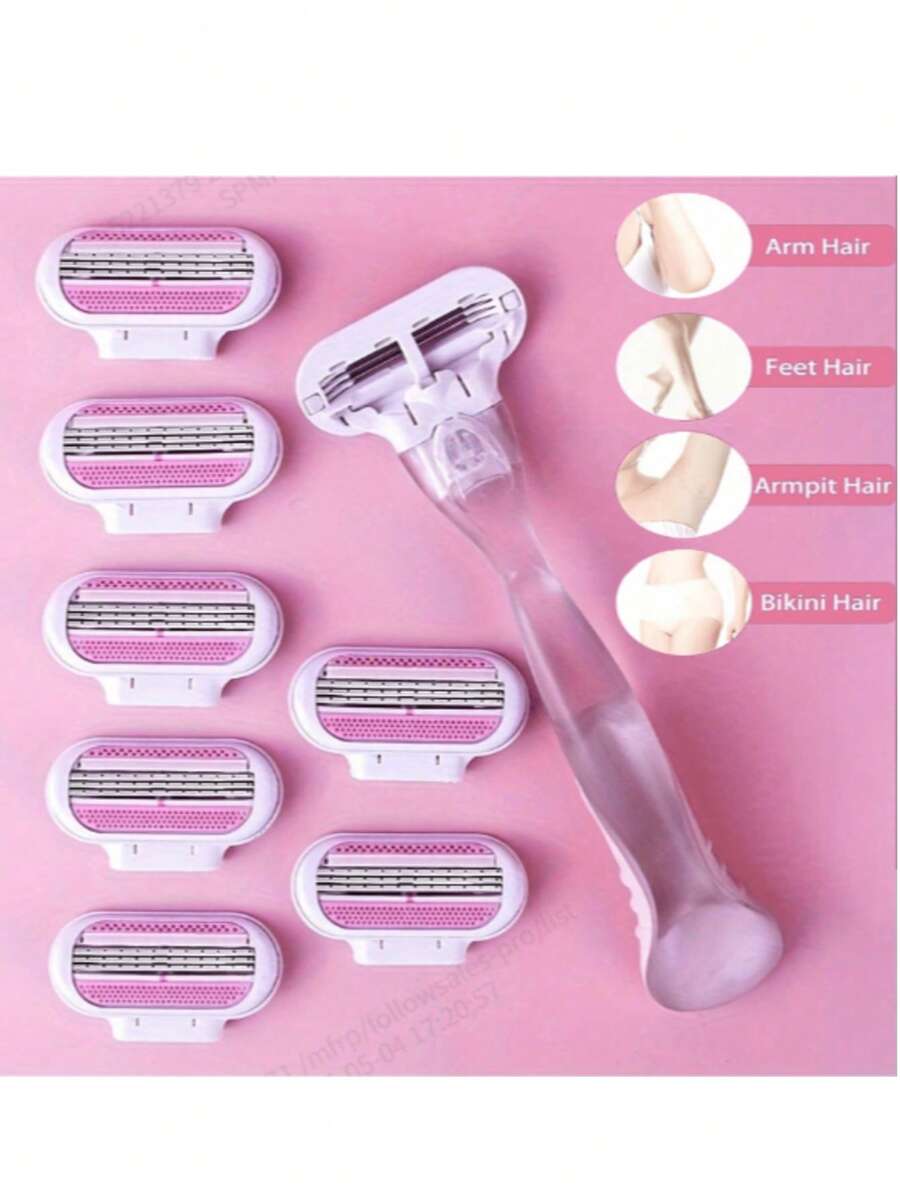 1 个手柄 + 8 个刀片套装女士比基尼手动脱毛工具 3 层不锈钢剃须刀片可更换刀片