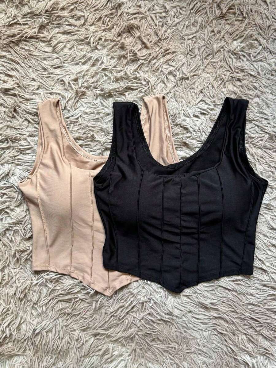 Kit 2 Cropped Top With Women's Bra High Elasticity Suplex Fabric Fashion  Simple Casual Asymmetric Knitted - 黑色和米色 - 查看 1