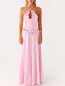Women Maxi Skirt Set Y2k Ruffle Tie Back Sleeveless Backless Halter Top Long Skirt Summer 2 Piece Outfits - 粉色 - 查看 1