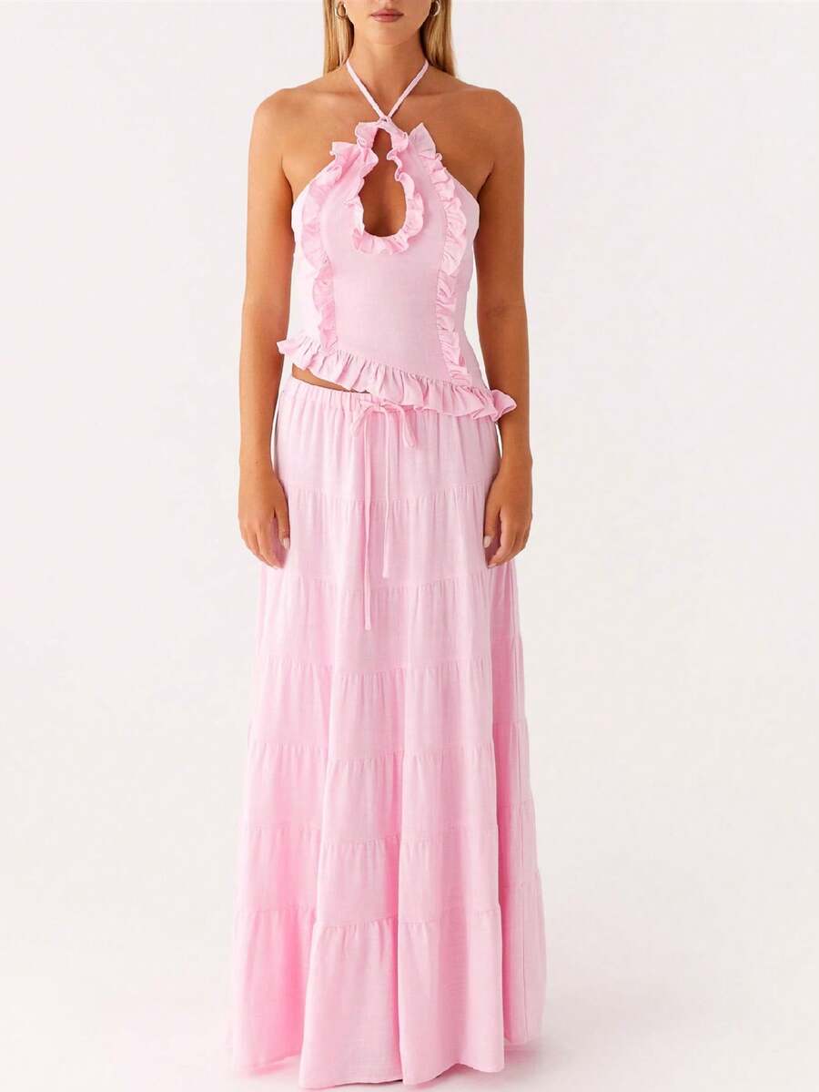 Women Maxi Skirt Set Y2k Ruffle Tie Back Sleeveless Backless Halter Top Long Skirt Summer 2 Piece Outfits - 粉色 - 查看 1
